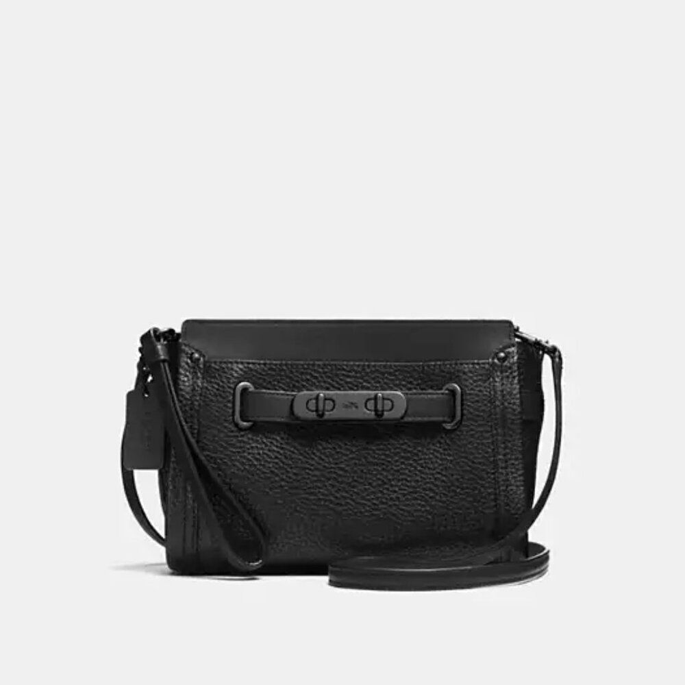 Coach Swagger Wristlet Black  Crossbody Small Handbag Black Pepple Leather